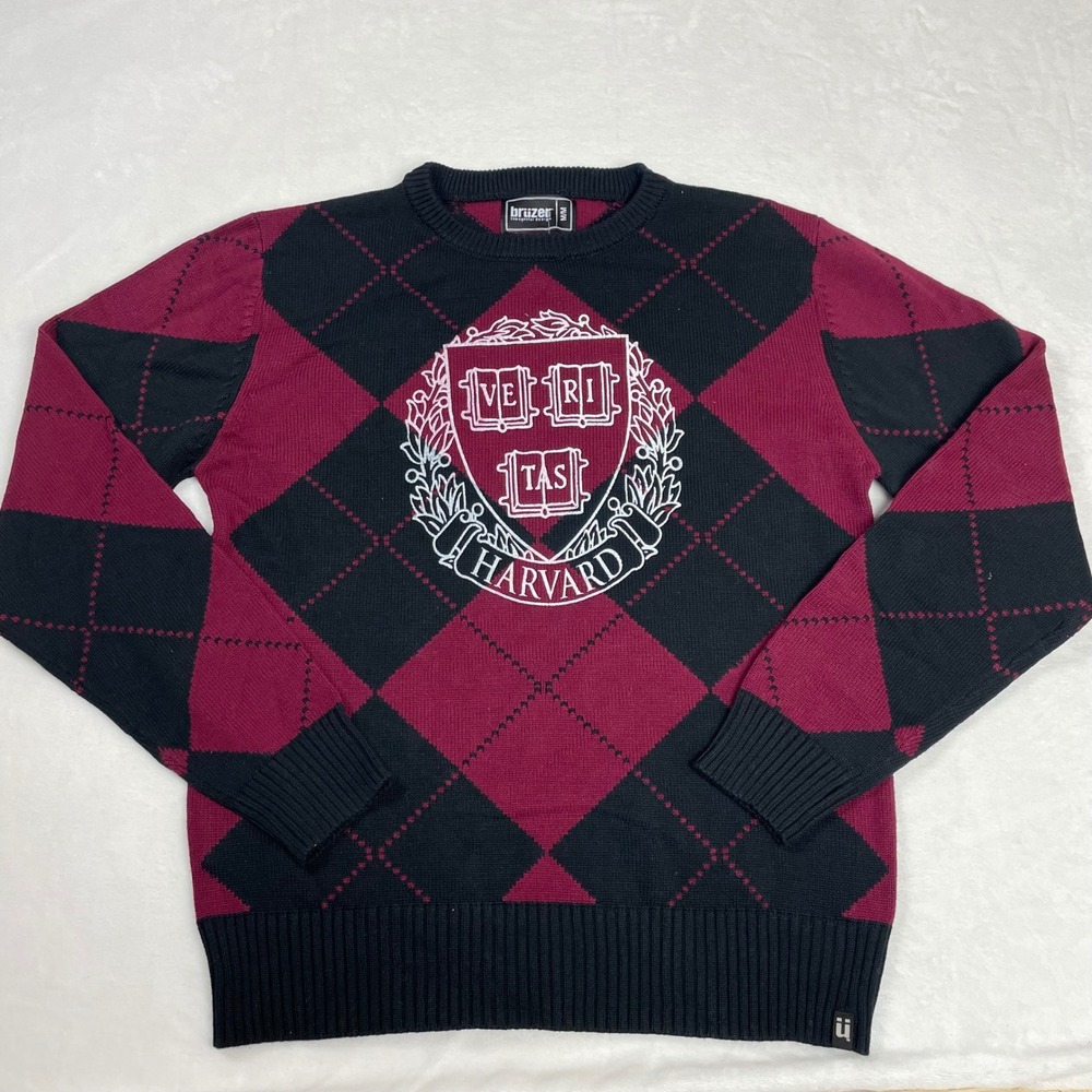 Bruzer Harvard Sweater Cotton Mens Medium Burgundy NWT Argyle Veritas Crest